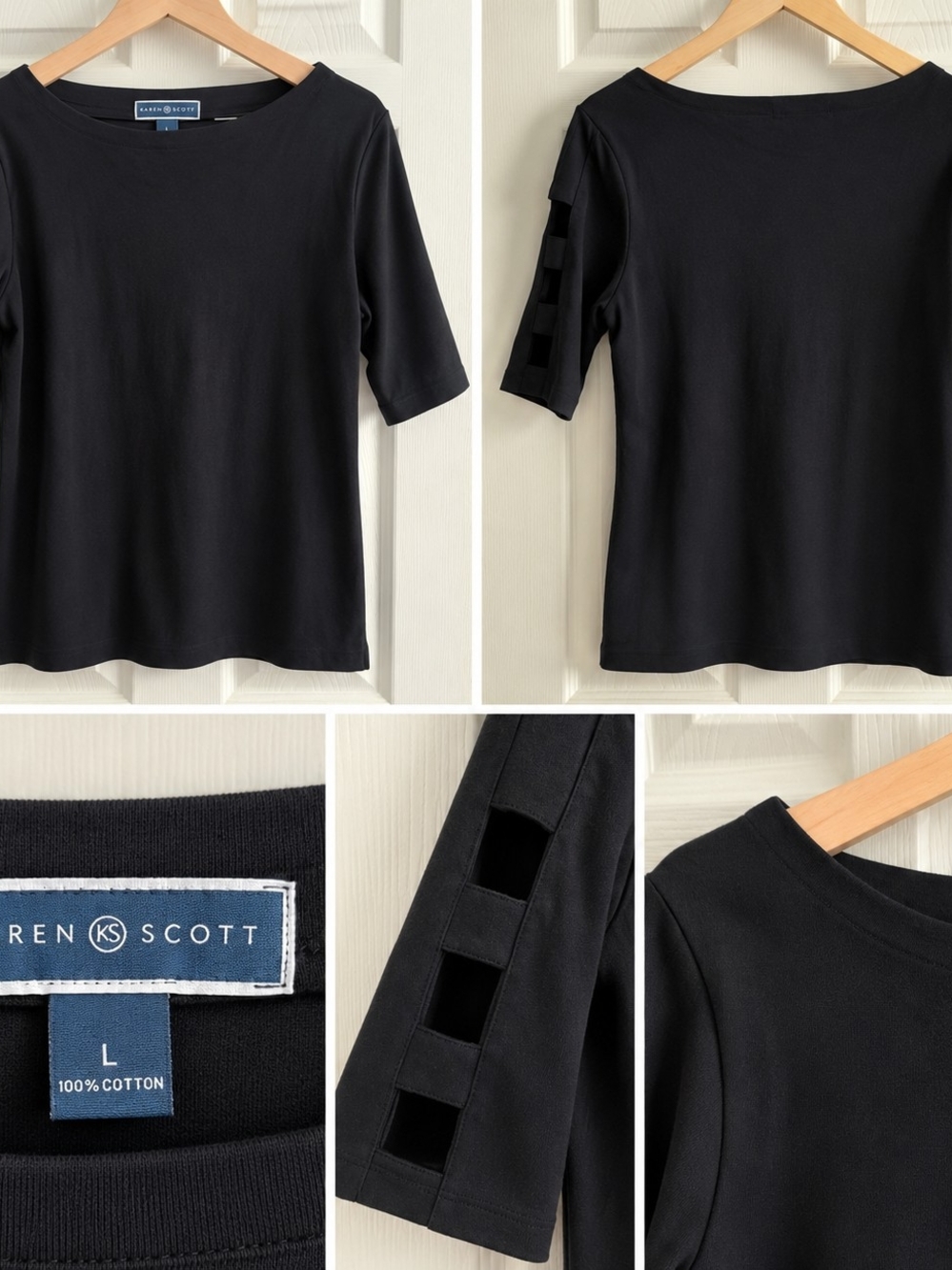 Karen Scott Black Cutout Ladder Sleeve Cotton Top L